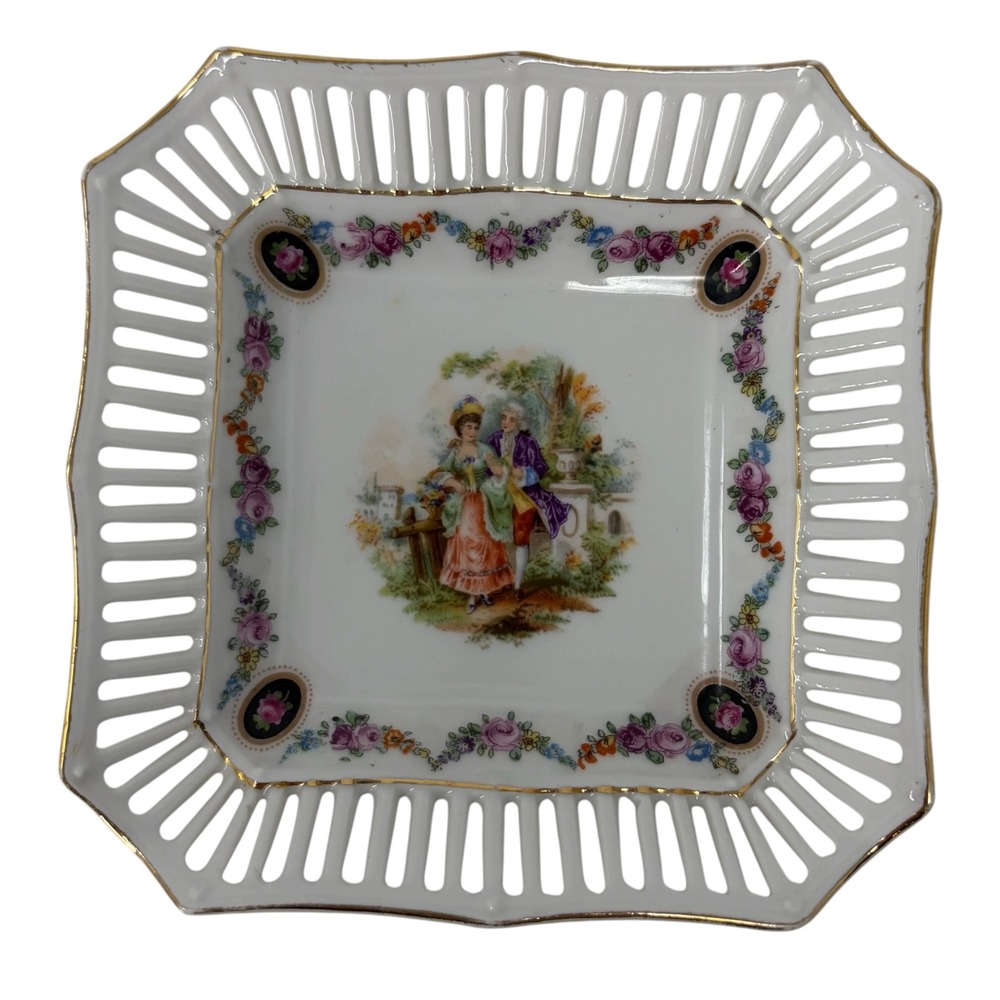 Vintage Schumann Bavaria Reticulated Porcelain Trinket Dish Courting Couple